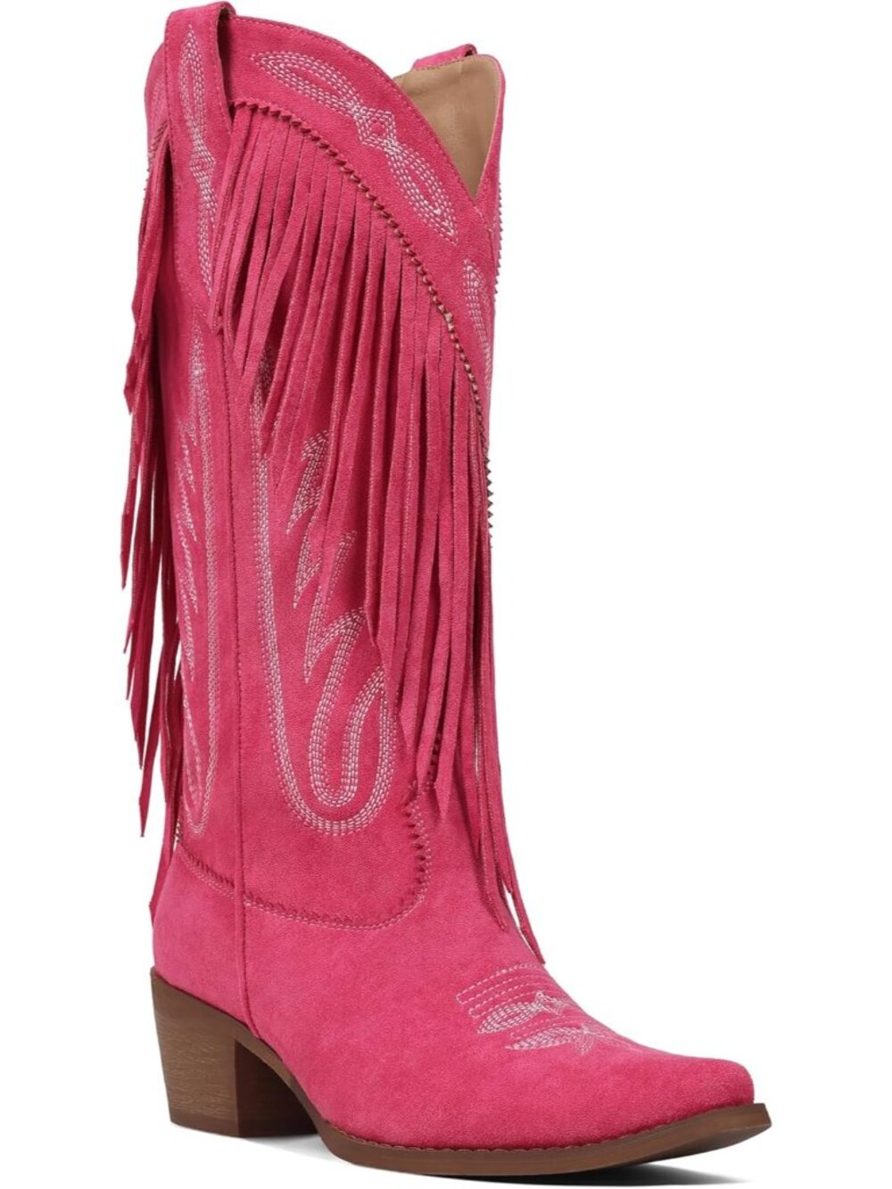 Women 02-Pink Leather Pull On Block Chunky Suede Fringe Cowboy Pointed Toe Boot - Picture 6 of 6